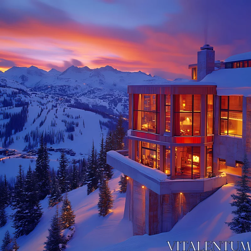 Warm Lights of a Modern Glass Mountain House AI Image