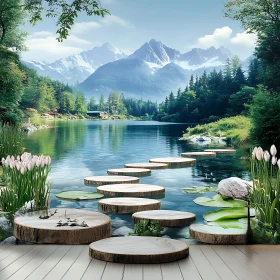 Serene Lake Pathway with Mountain Background