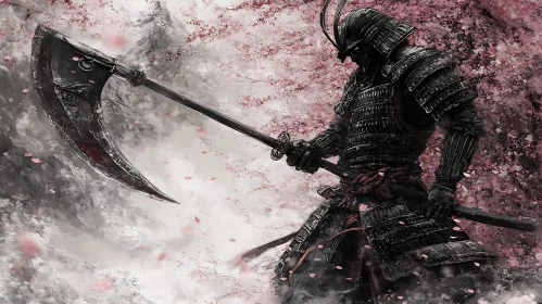 Armored Samurai in Cherry Blossom Scene