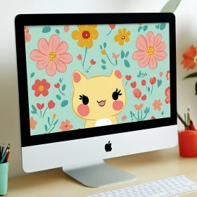Cute Kitty and Floral Design on Desktop Monitor