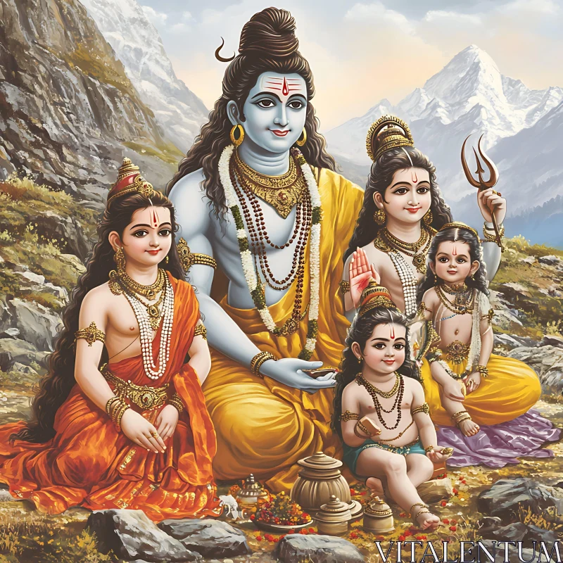 Serene Mountain Gods: A Hindu Family Scene AI Image