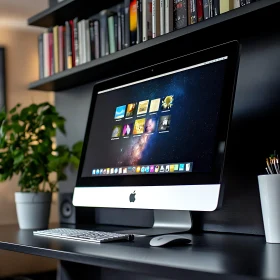 Sleek Office Workspace with Desktop Computer and Bookshelf