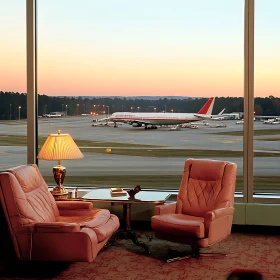 Relaxing Airport Lounge Overlooking Airplane at Sunset