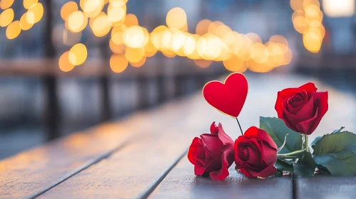 Roses and Heart on Wooden Table