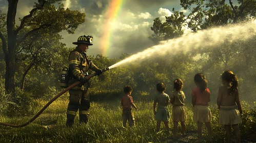 Children Watching Firefighter with Rainbow