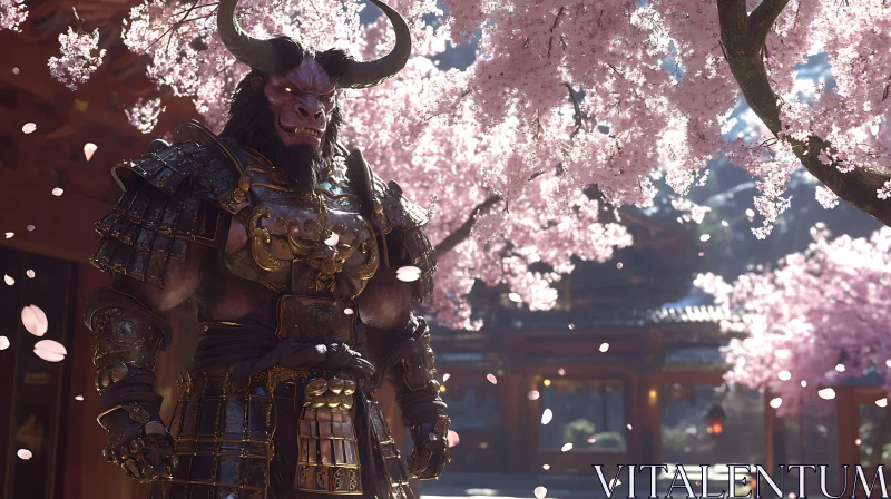 Armored Minotaur Under Blossoming Trees AI Image