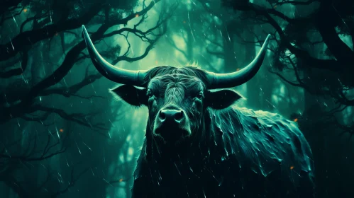 Aggressive Digital Illustration of a Bull in a Dark Forest