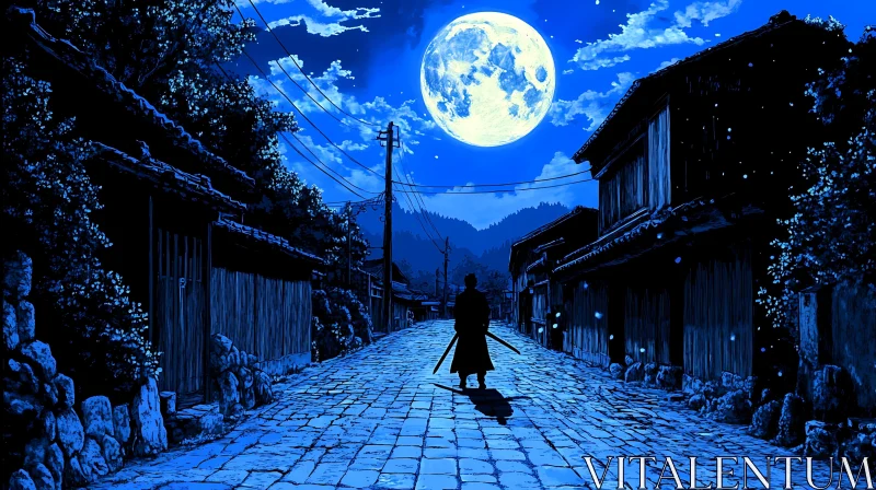 AI ART Moonlit Samurai on Cobblestone Street