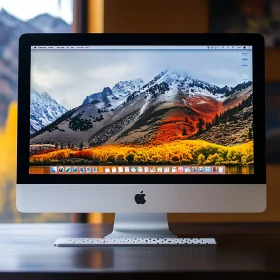 Elegant iMac Setup with Scenic Mountain Display