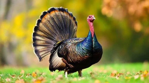 Turkey Displaying Feathers in Fall