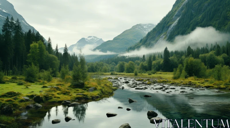 Cloudy Mountain and River in the Norwegian Nature AI Image