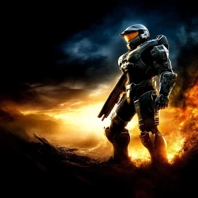Armored Soldier Against Burning Sky