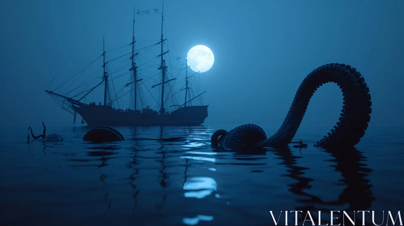 Dark Blue Ocean at Night with Octopus and Sailing Ship AI Image