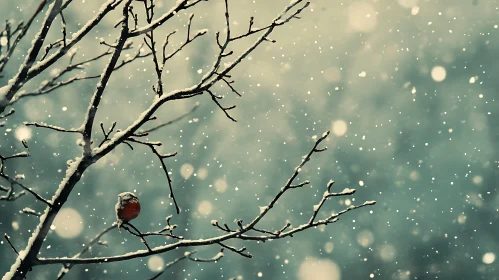 Robin in Winter Snowfall Scene