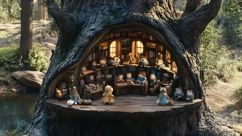 Whimsical Tree Hollow Library Scene