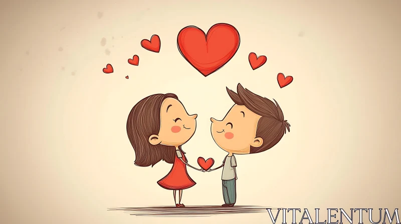 Charming Cartoon Romance with Floating Hearts AI Image