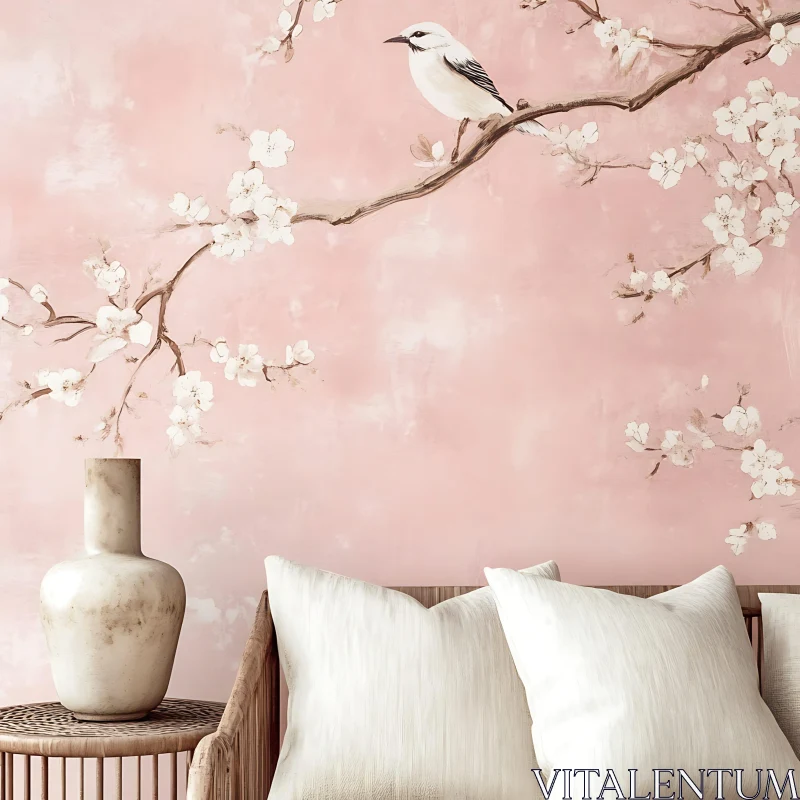 Bird on a Blossoming Branch Mural AI Image