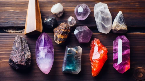 Enchanting Crystal Stones on Wooden Surface | Witchy Academia Art