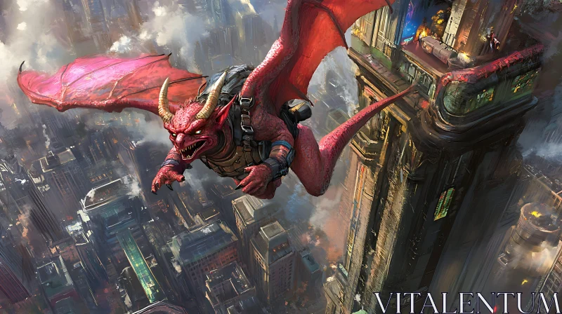 AI ART Red Dragon Over City