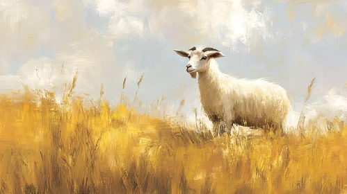 Peaceful Goat and Sunlit Field