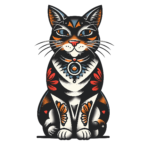 POD Design Traditional Tattoo Style Cat Illustration