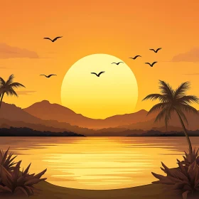 Tropical Sunset with Birds and Palm Trees