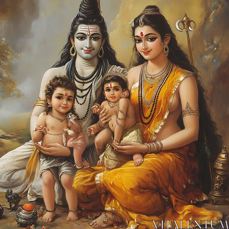 Serene Hindu Deity Family Illustration AI Image