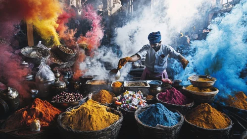 Market Vendor Mixing Indian Colorful Spices AI Image