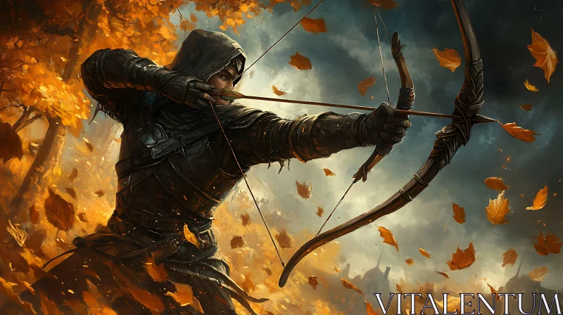 AI ART Hooded Archer in Falling Leaves