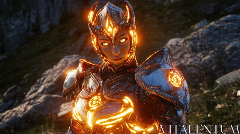 AI ART Female Warrior in Glowing Armor