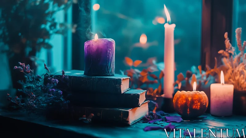 AI ART Candlelit Books: A Mystical Still Life