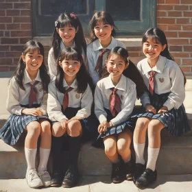 Smiling Schoolgirls on Steps