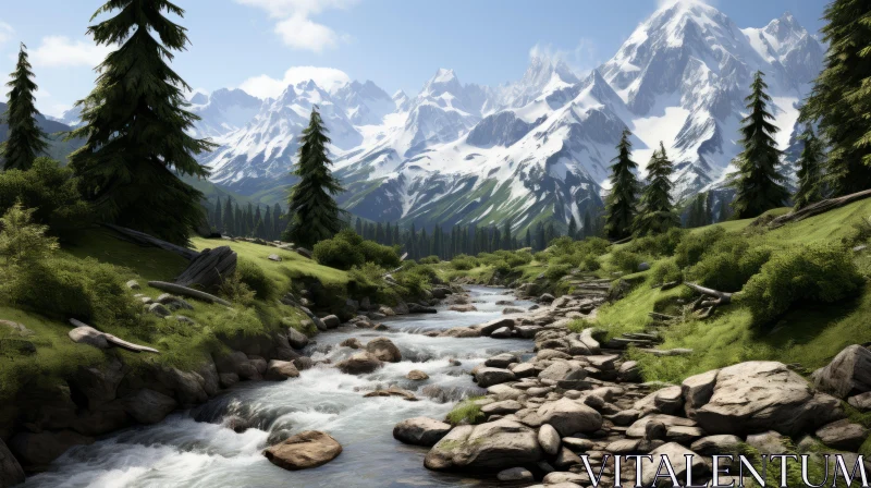 3D Rendered Mountain Stream with Rocks: A Blend of Nature and Gaming Aesthetics AI Image