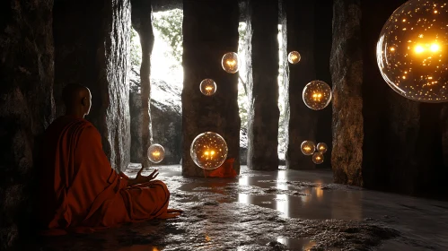 Serene Monk Meditating with Glowing Orbs