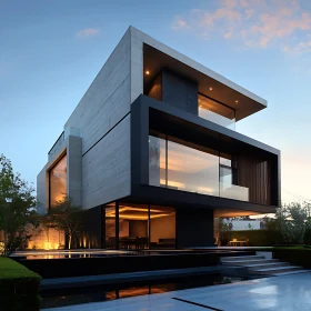 Contemporary Concrete Structure with Glass Facades at Sunset