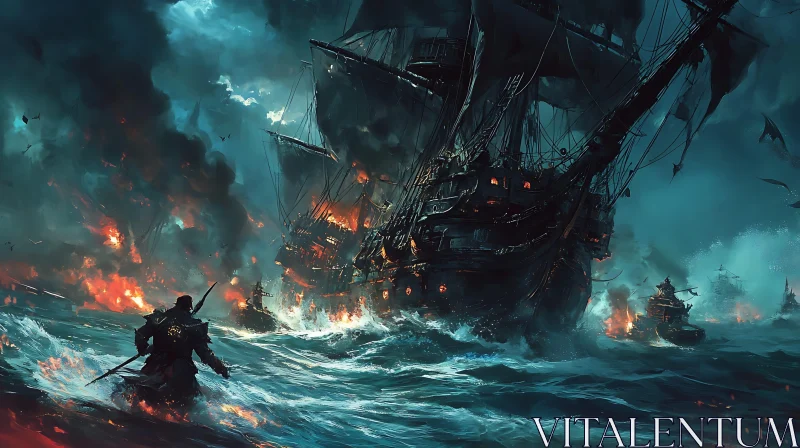 AI ART Stormy Sea Battle with Pirate Ships Ablaze