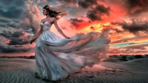Woman in White Dress Against Sunset Sky
