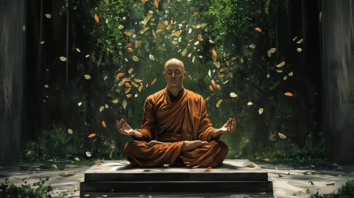 Zen Monk Meditating Under Falling Leaves