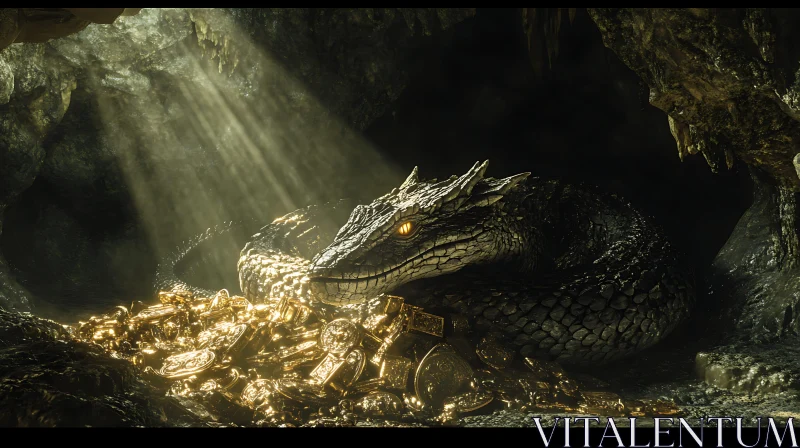 AI ART Golden Dragon guarding Treasure in Cave