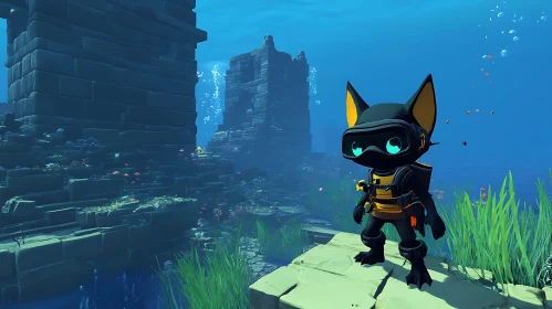 Submerged Cartoon Cat with Scuba Gear
