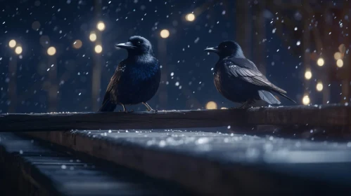 Two Birds in Winter Snowfall Night Scene