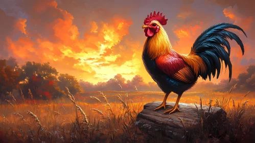 Radiant Rooster in Fiery Landscape