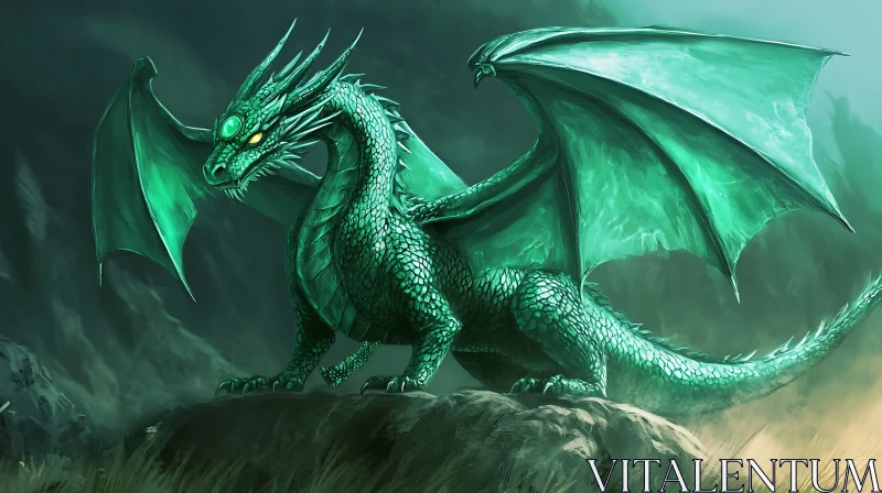 AI ART Mystical Green Dragon on Rocky Ledge