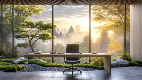 Scenic Office with Sunset and Nature Background