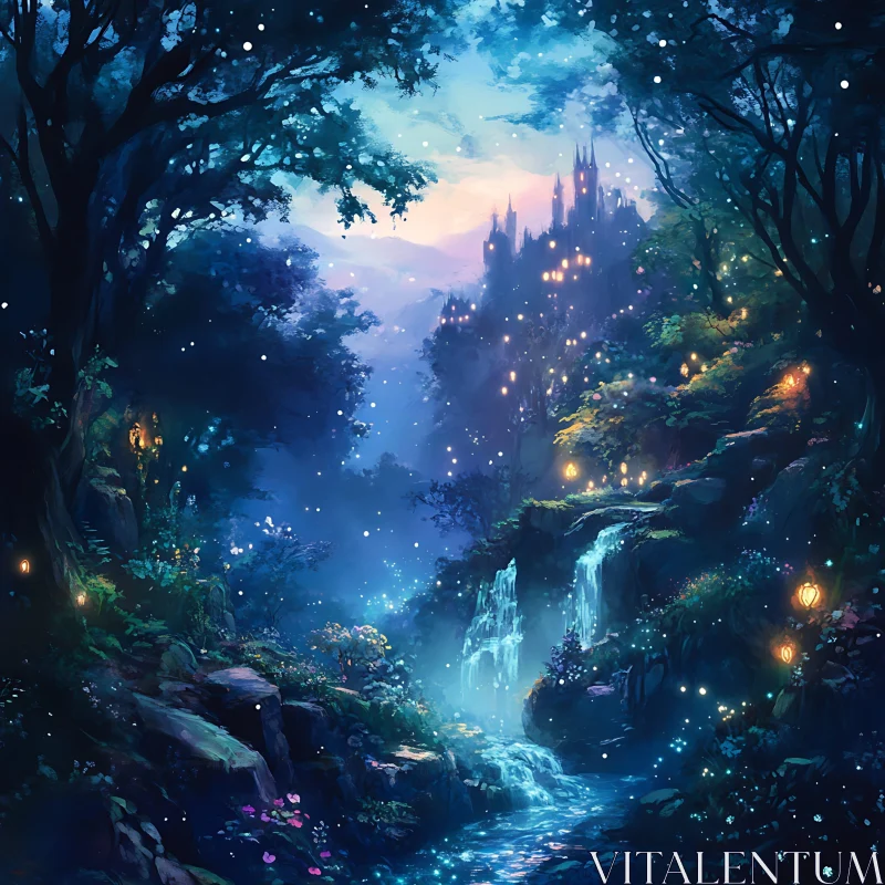 AI ART Magical Forest Waterfall Castle View