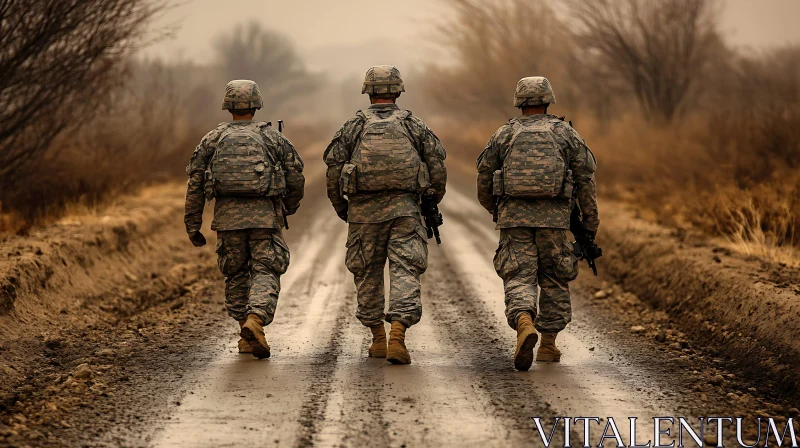 AI ART Camouflaged Soldiers on a Muddy Road