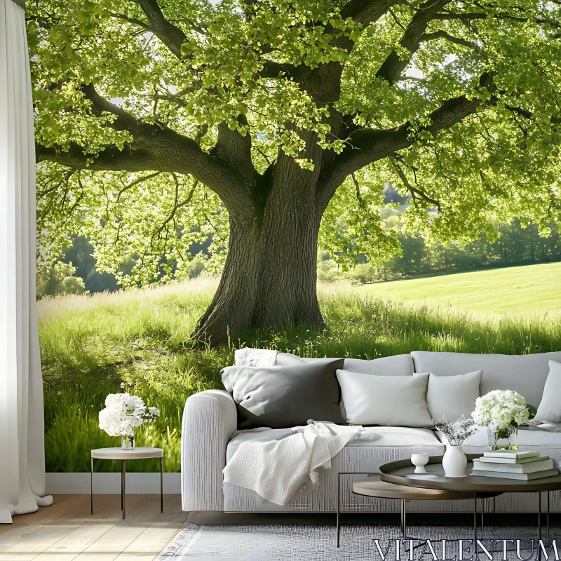 AI ART Living Room with Lush Tree Mural and Elegant Design