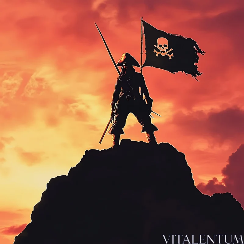 AI ART Silhouette of Pirate on Peak with Jolly Roger