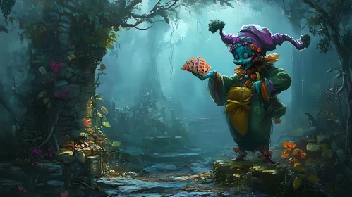 Enigmatic Jester in a Misty Forest