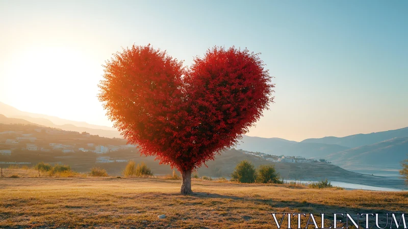 Romantic Heart-Shaped Tree at Sunset AI Image